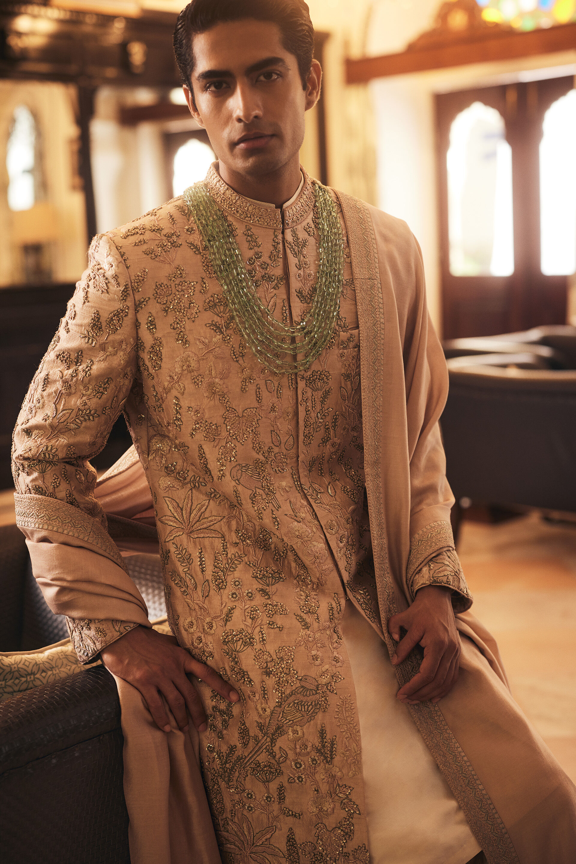 Shahrazad Embroidered Silk Sherwani - Champagne, Champagne, image 3